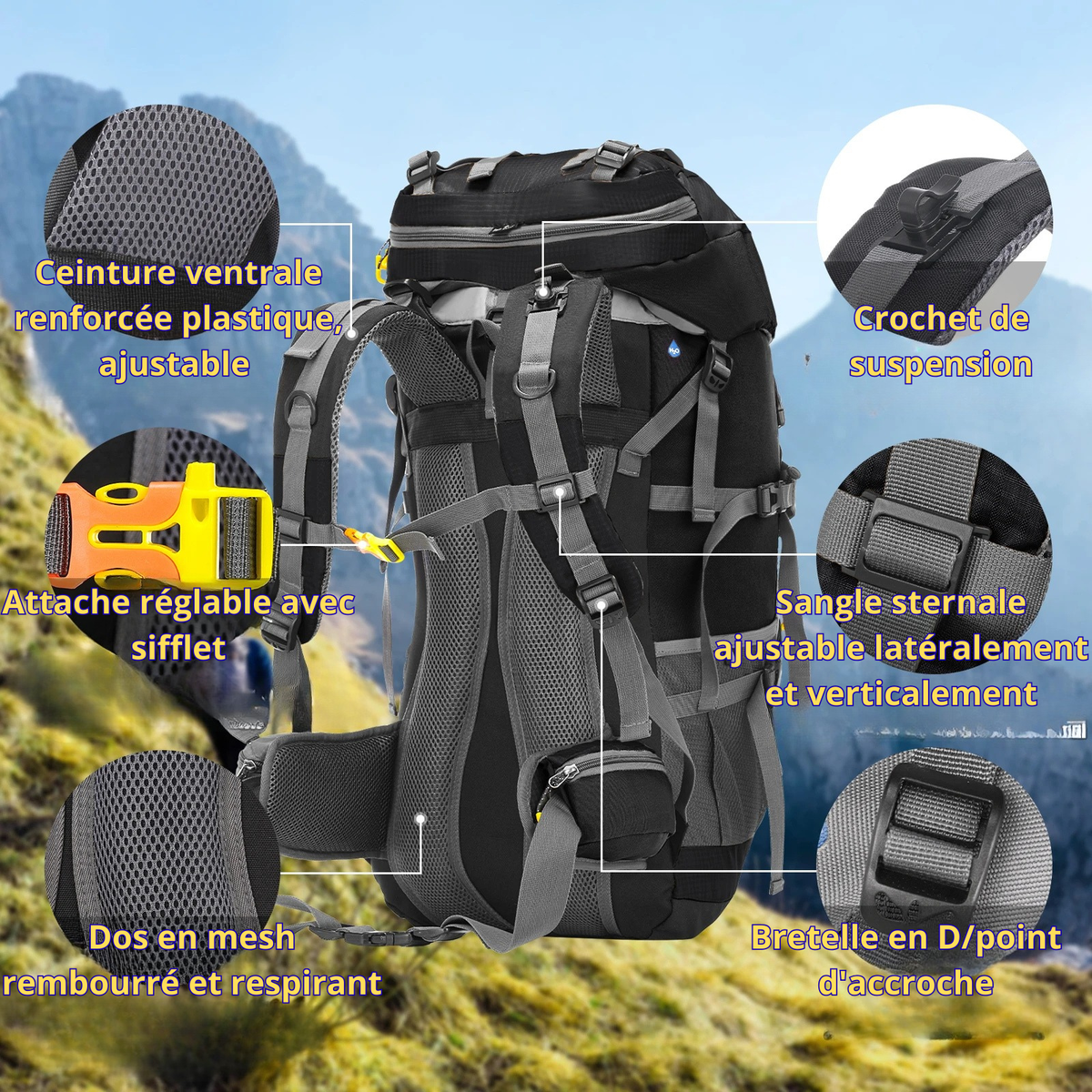 Sac à Dos de Randonnée 60L — Trek Multi-Jours avec Housse de Pluie