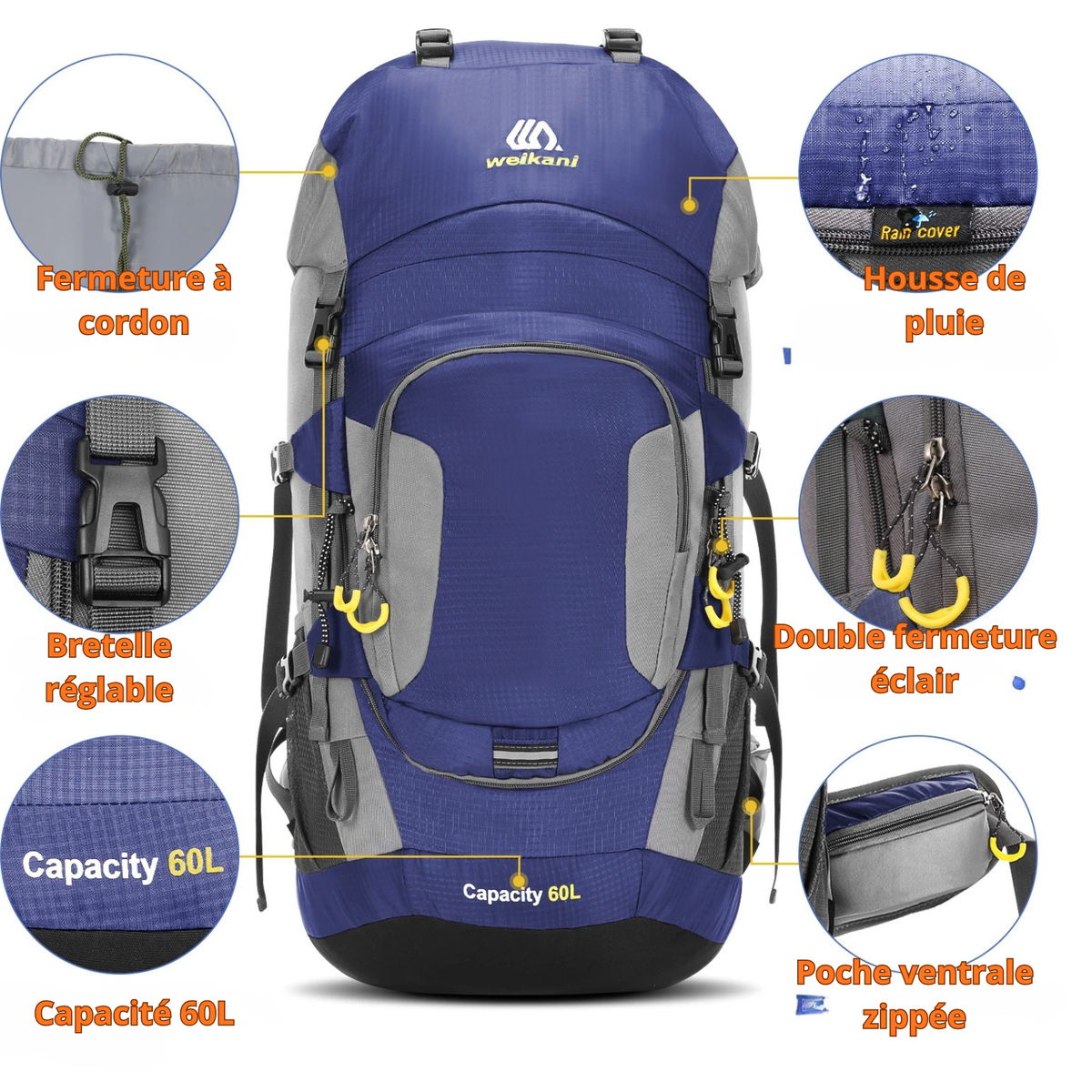 Sac à Dos de Randonnée 60L — Trek Multi-Jours avec Housse de Pluie