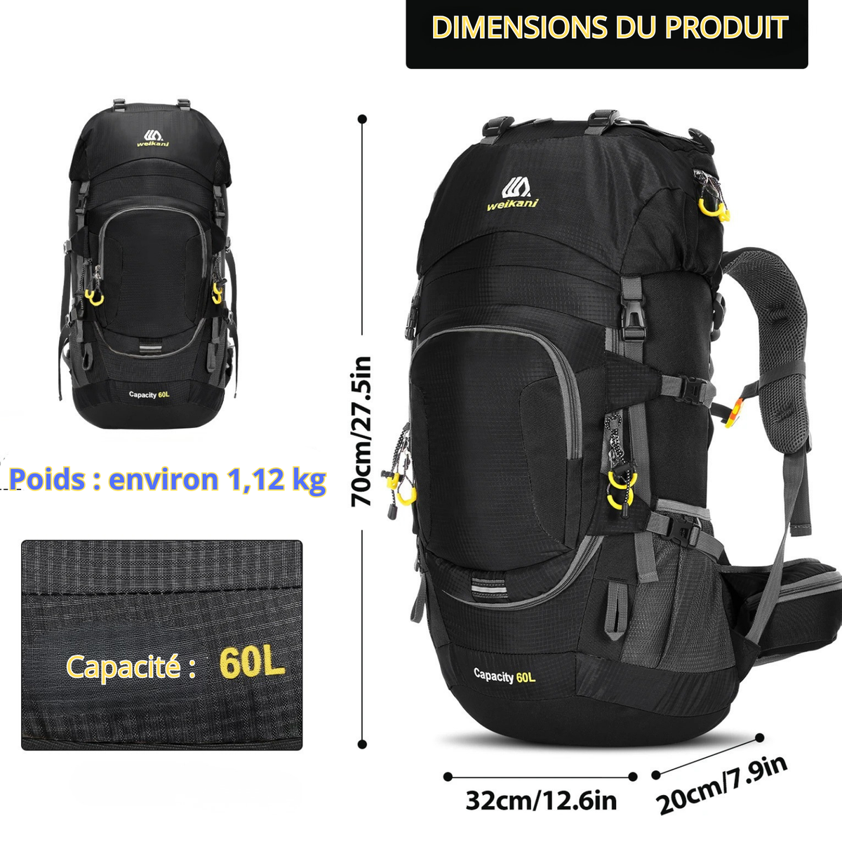 Sac à Dos de Randonnée 60L — Trek Multi-Jours avec Housse de Pluie